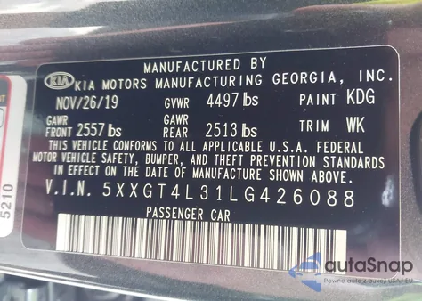 2020 Kia Optima S z USA, uszkodzony, nr VIN 5XXGT4L31LG426088